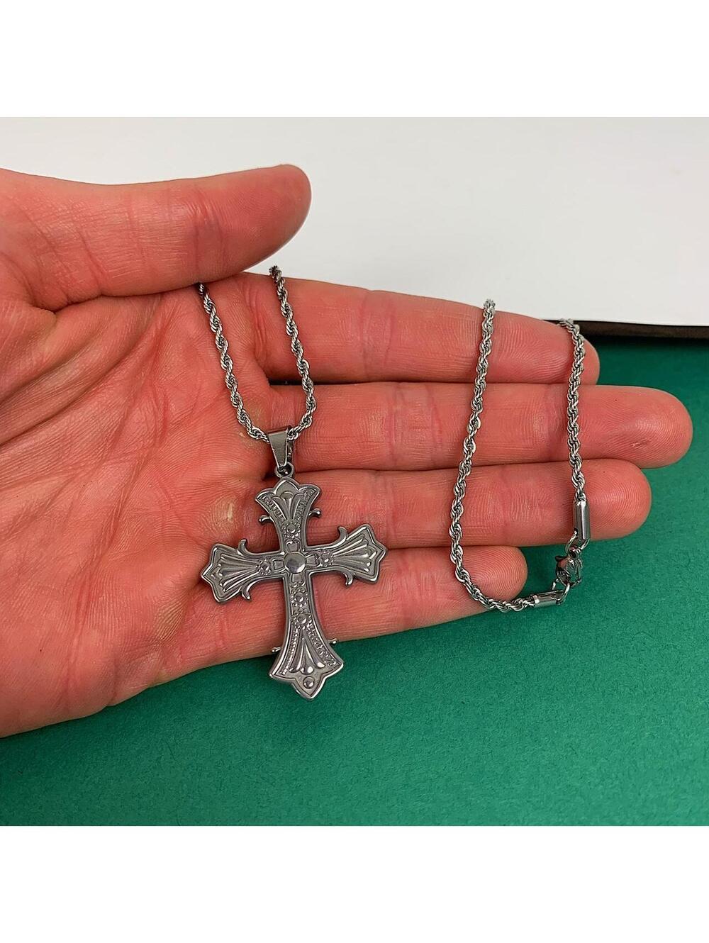 Stainless steel y2k style gothic silver cross pendant necklace. 20 inches - Picture 4 of 8